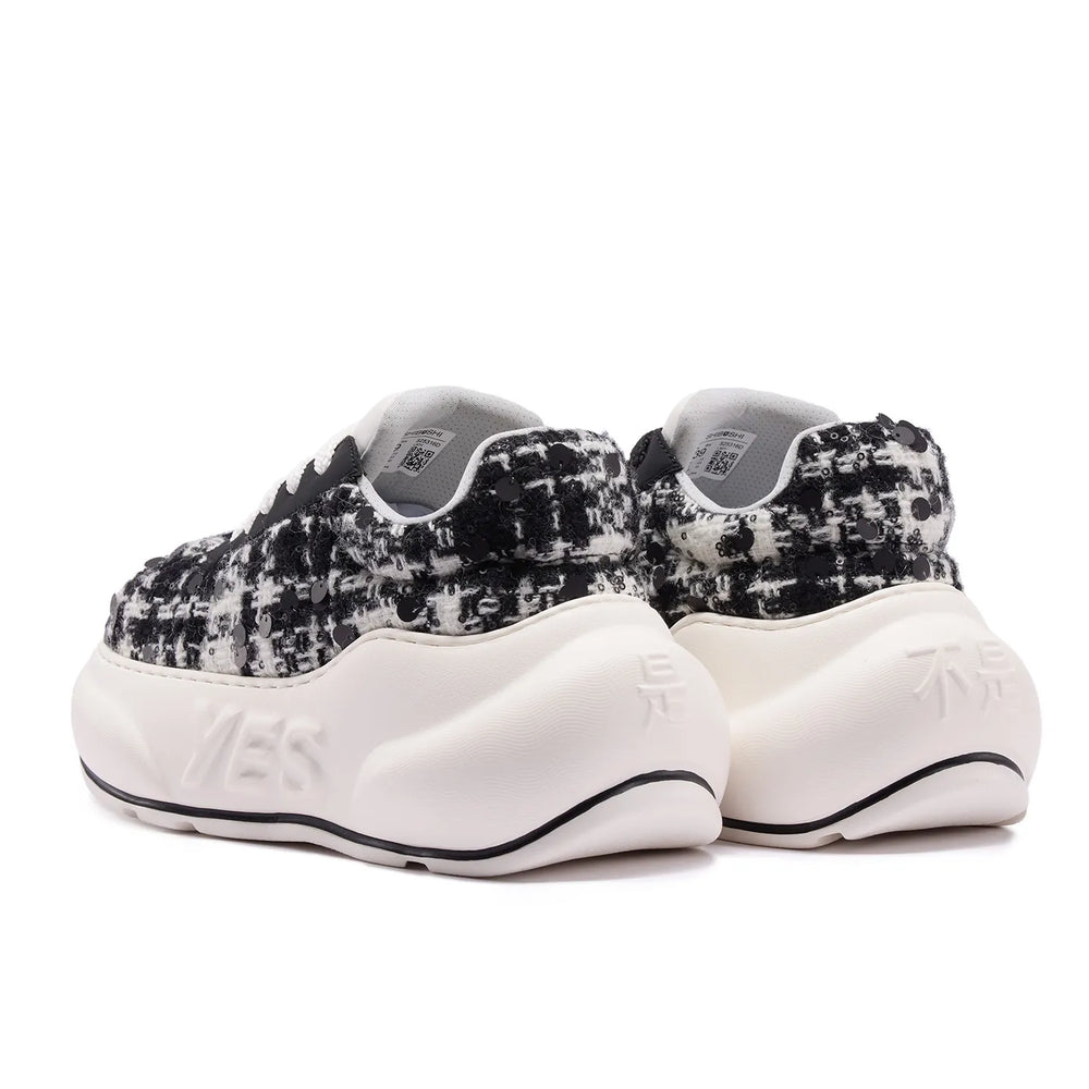 SHIBUSHI Noir Tweed Chunk black and white platform sneakers