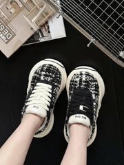 Black tweed platform sneakers with white sole