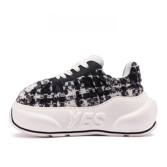 Noir Tweed Chunk – Black & White Platform Sneakers