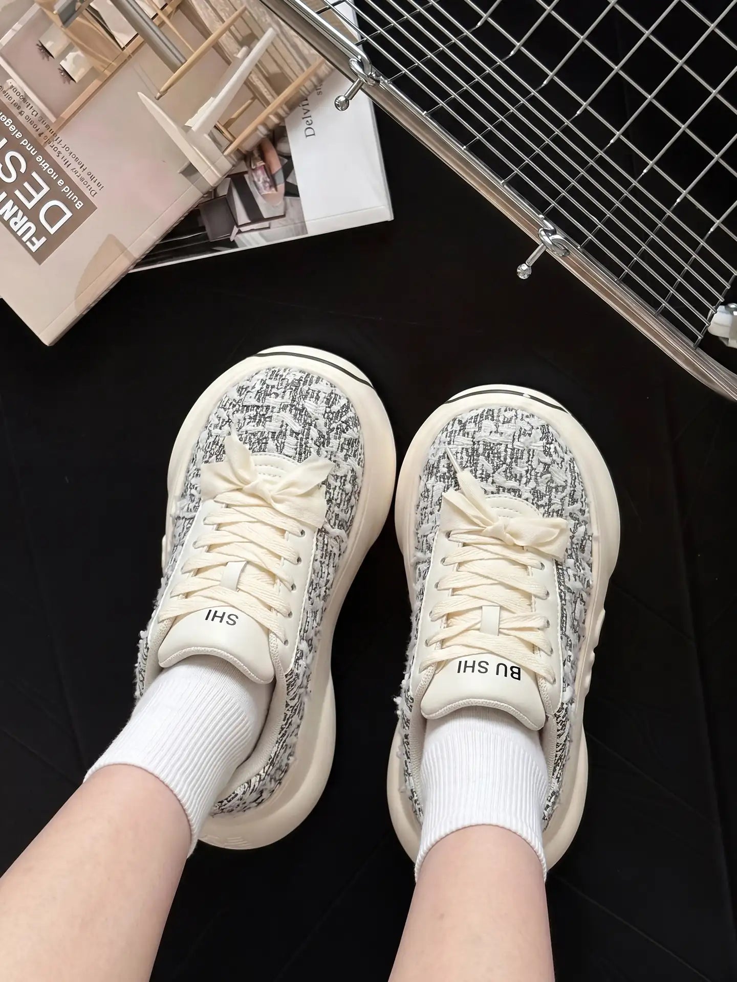 Tweed Chunk – Black & White Platform Sneakers