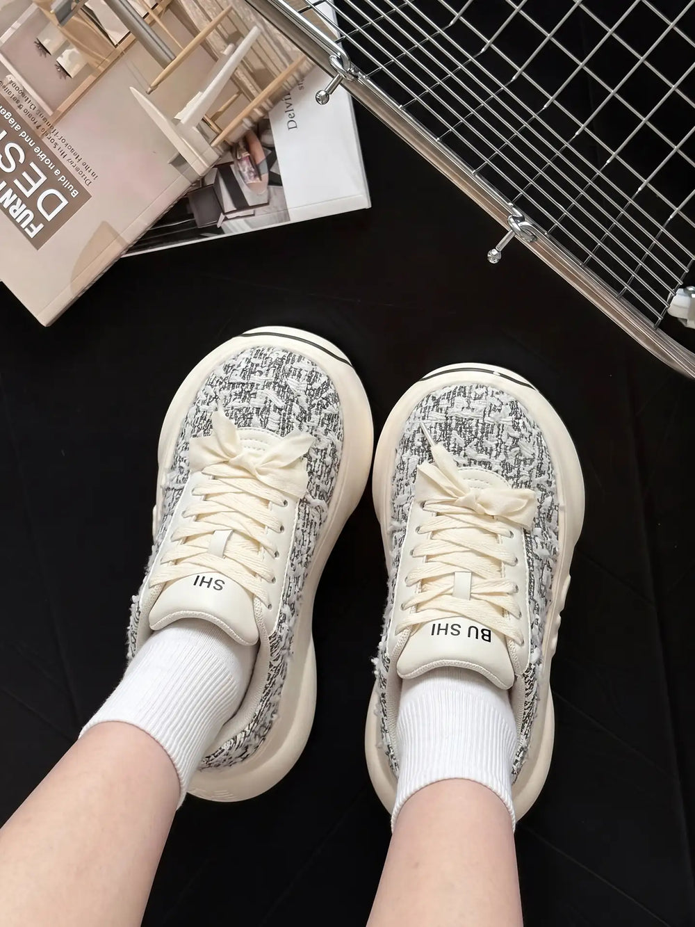 Tweed Chunk – Black & White Platform Sneakers
