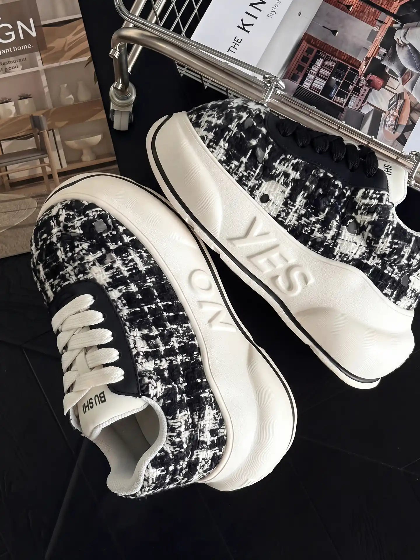 Noir Tweed Chunk – Black & White Platform Sneakers
