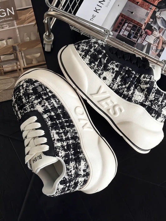 Noir Tweed Chunk – Black & White Platform Sneakers
