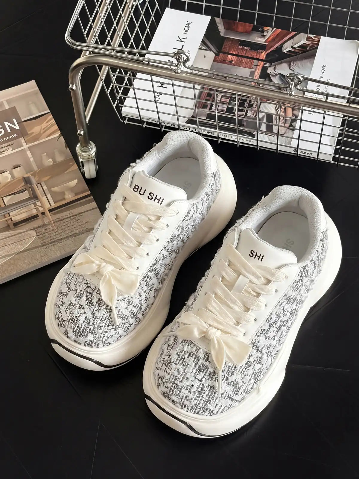 Tweed Chunk – Black & White Platform Sneakers