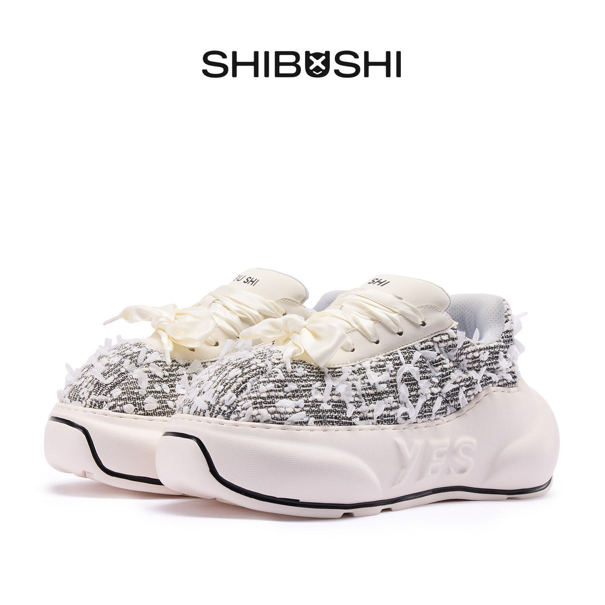 Tweed Chunk – Black & White Platform Sneakers