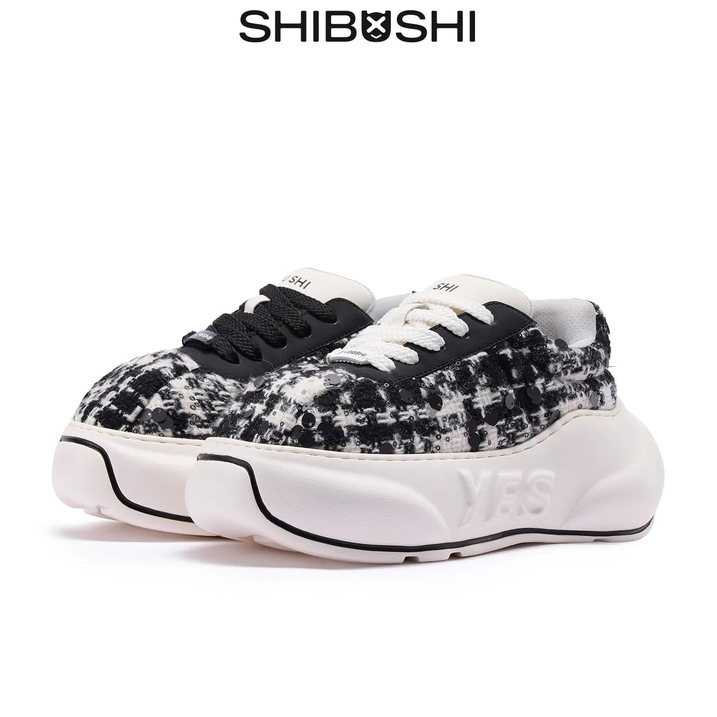 Noir Tweed Chunk – Black & White Platform Sneakers
