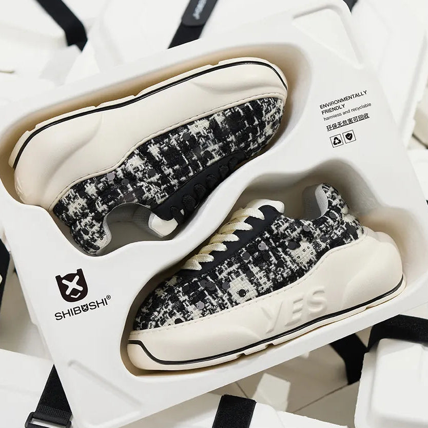 SHIBUSHI Noir Tweed Chunk black and white platform sneakers